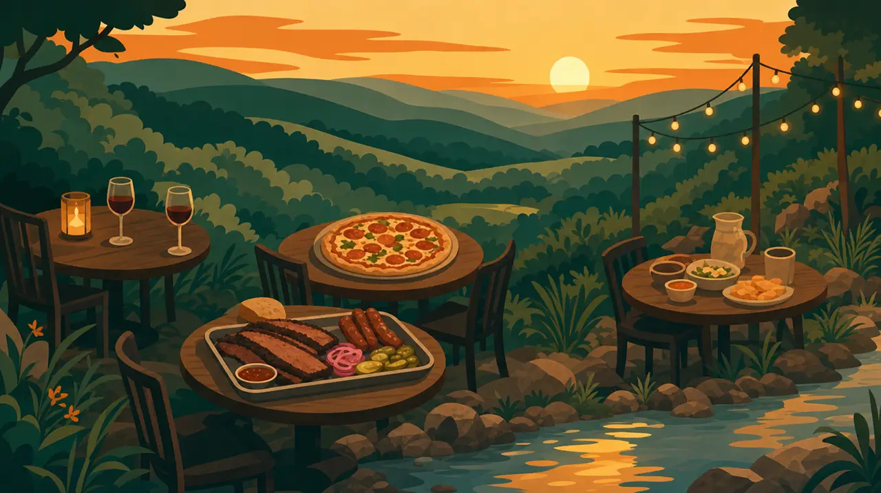 Illustrated New Braunfels restaurants at sunset: three patio tables above the river with wine, a pizza, and a barbecue tray under string lights, Hill Country hills behind