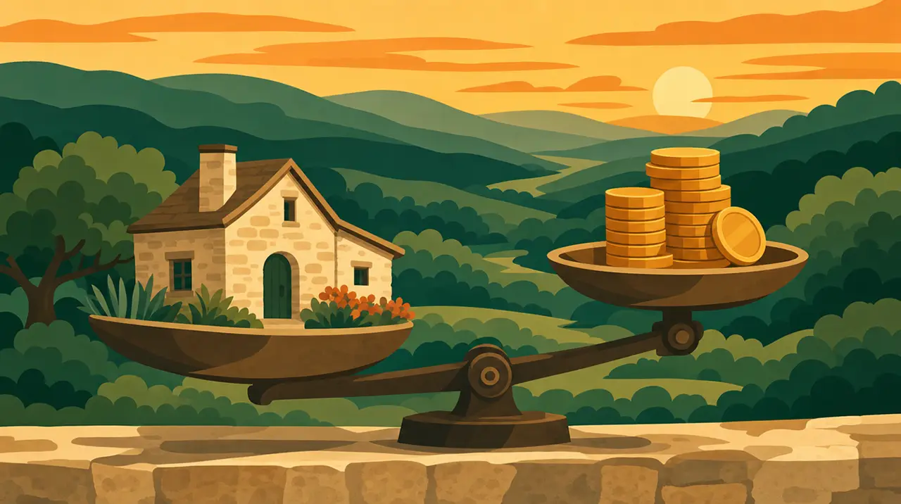 Illustrated balance scale weighing a Hill Country stone house against stacks of gold coins at sunset, the Comal County property tax trade-off